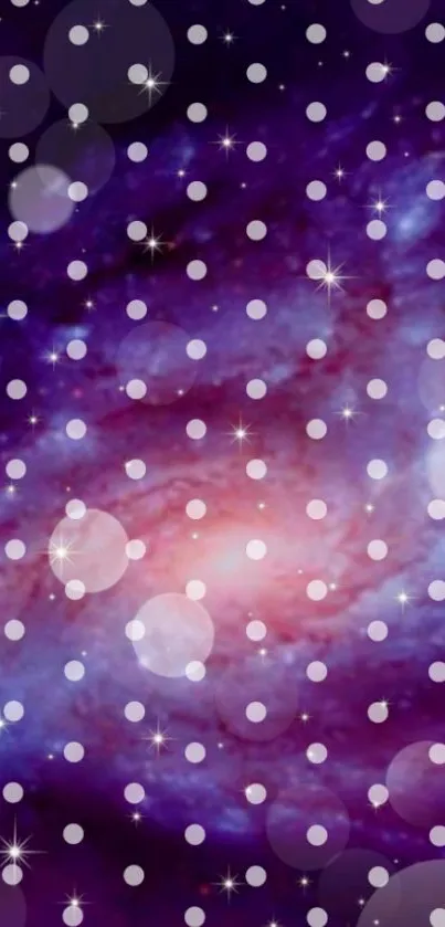 Mobile wallpaper with a galaxy background and polka dot pattern.