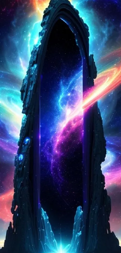 Dark blue galaxy portal mobile wallpaper with cosmic swirls and vibrant colors.