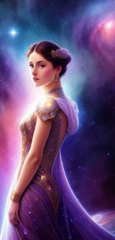 Elegant princess with galaxy backdrop mobile wallpaper