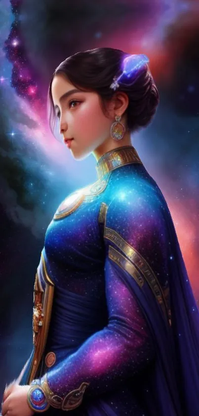 Galaxy-themed wallpaper featuring a princess in celestial attire with a nebula backdrop.