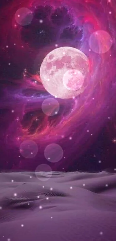 Mobile wallpaper with a purple galaxy swirling around a moon above desert dunes.