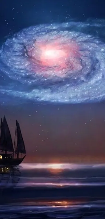 Sailing boat under a glowing galaxy on a starry night.