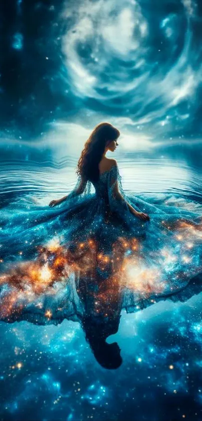 Woman in galaxy dress reflecting cosmic dreamscape on water.