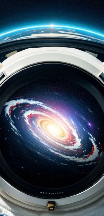 Astronaut helmet reflecting a bright galaxy in space.