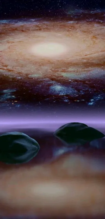 Stunning galaxy reflection on water with purple hues and cosmic scenery.