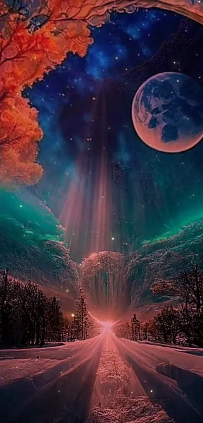 A fantasy landscape with a galaxy sky and a glowing road leading to a full moon.