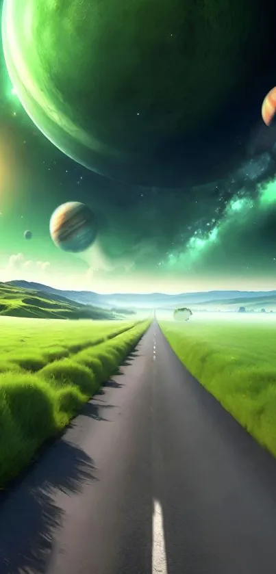 Vibrant green cosmic landscape with planets and a road stretching into the horizon.