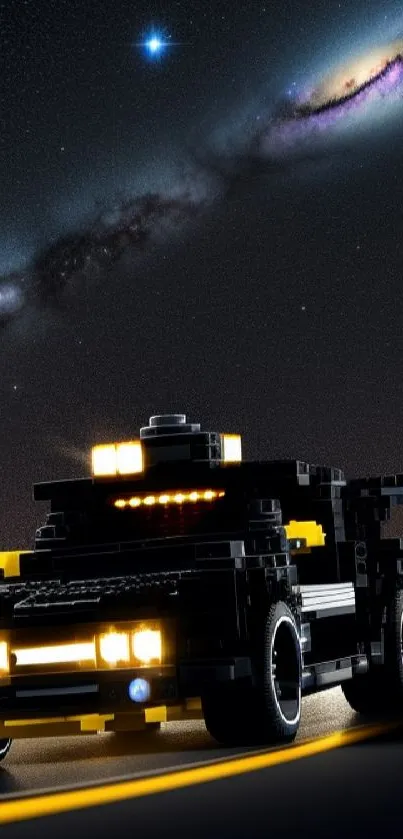 Lego car on a cosmic road with galaxy backdrop.