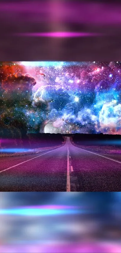 Mystical road leading to a starry galaxy sky.