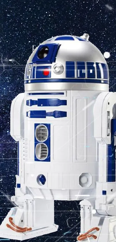 R2-D2 robot on a starry galaxy background wallpaper.