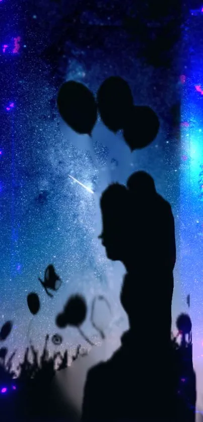 Silhouette couple under galaxy night sky with balloons.