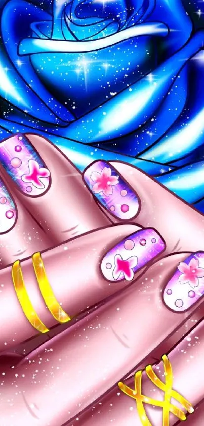 Vibrant galaxy rose with artistic nails and sparkling background.