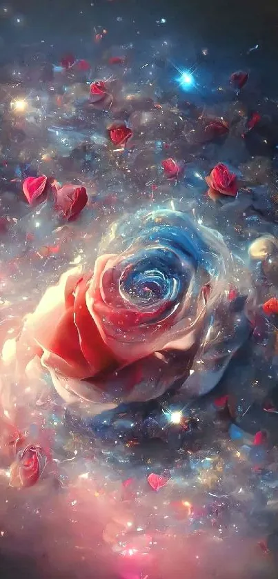 Dreamlike galaxy rose with cosmic and starry accents on a mobile wallpaper.