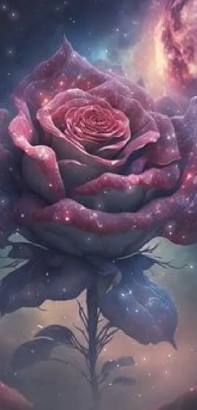 Fantasy rose in a galaxy setting with cosmic colors.