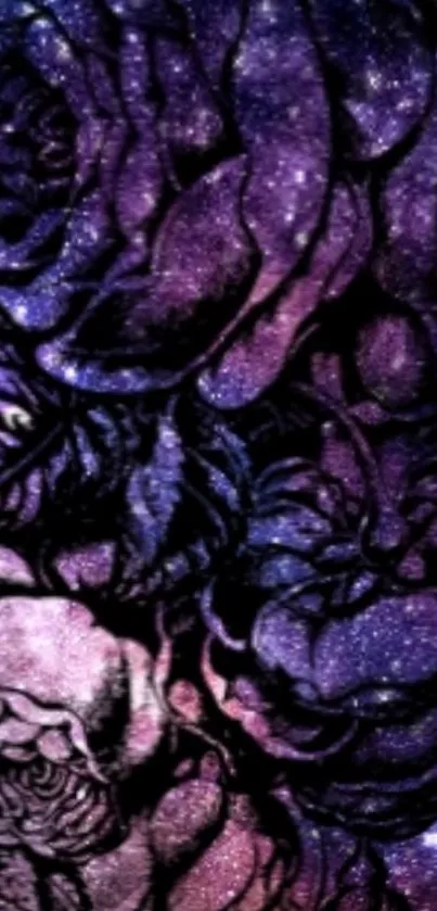 Purple galaxy-themed floral wallpaper with roses and starry effect.