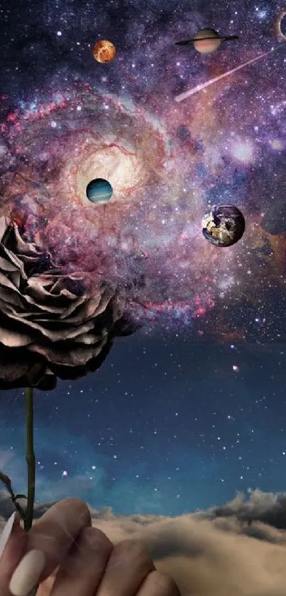 A cosmic rose with planets floating in a dreamlike galaxy scene.