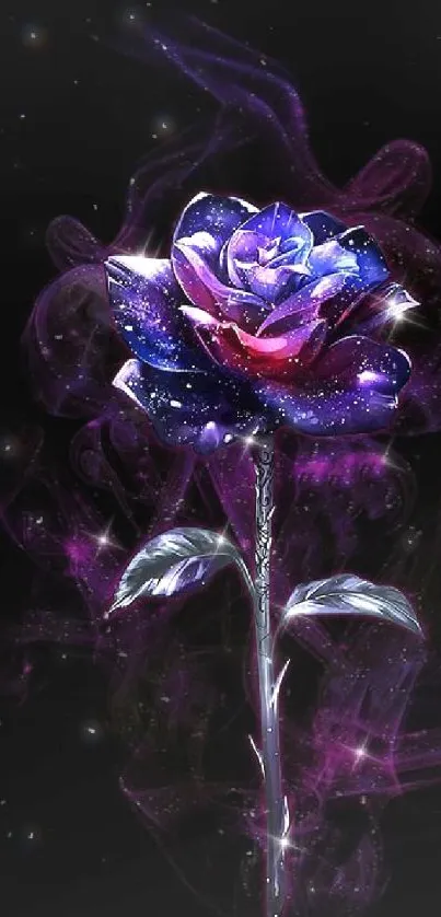 Galaxy rose with glowing effect on black background wallpaper.