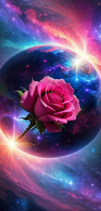 Pink rose in a colorful galaxy with starbursts.