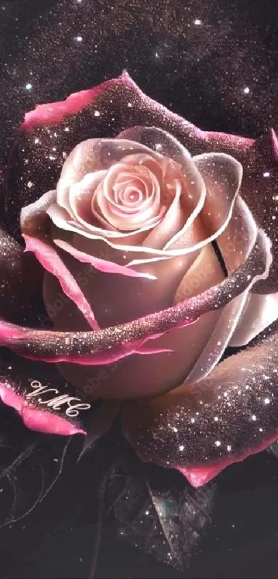 Beautiful galaxy-inspired rose wallpaper with sparkles on a dark background.