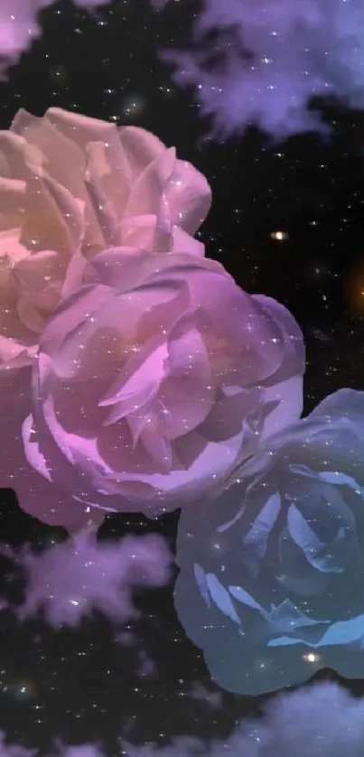 Galaxy roses amidst a star-filled night sky with vibrant clouds.