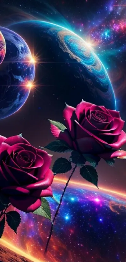 Mobile wallpaper with roses and galaxy background.