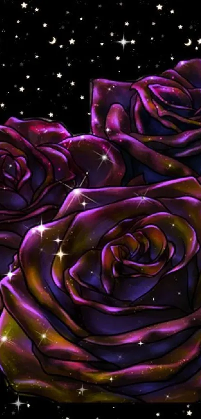 Purple galaxy roses on a starry black background.