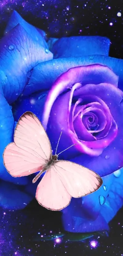 Blue roses with butterflies on galaxy background.