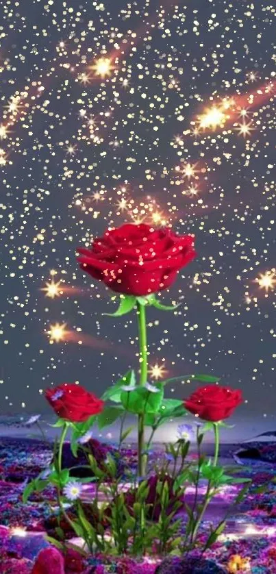 Red roses blooming under a starry sky in a fantasy setting.