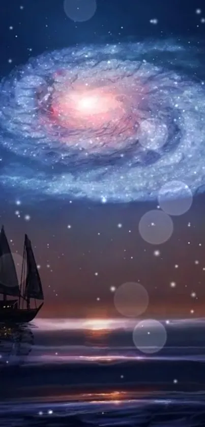 Sailboat under a mystical galaxy night sky with stars and serene waters.