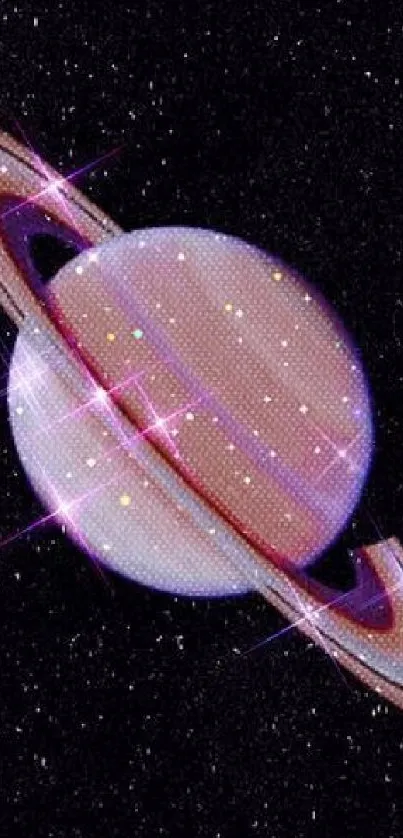 Artistic view of Saturn with glowing stars on a galaxy-themed wallpaper.