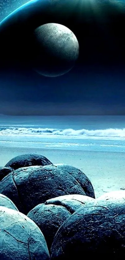 Surreal cosmic beach wallpaper with planets and ocean under a starry night sky.