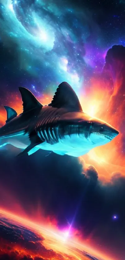 Shark swimming through vibrant galaxy with cosmic backdrop.