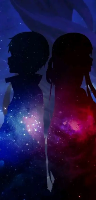 Anime characters in cosmic galaxy silhouette wallpaper.