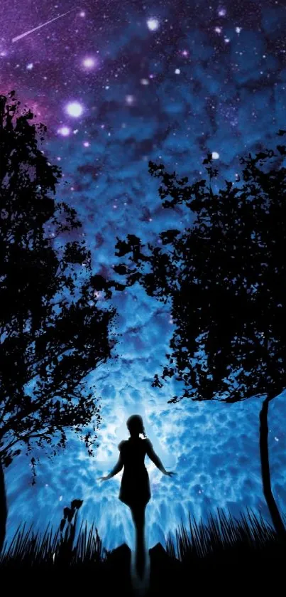 Silhouette against a vibrant starlit galaxy night sky.