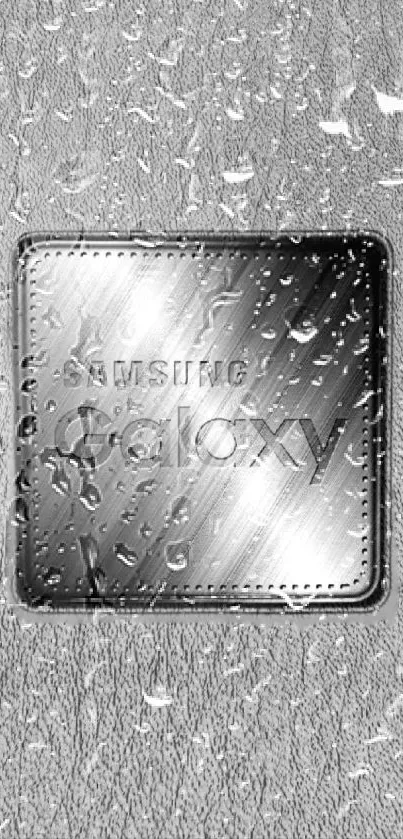 Silver Samsung Galaxy wallpaper with rain droplets.