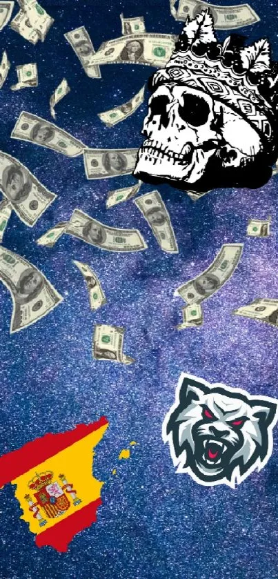 Galaxy wallpaper with skull and raining money on a dark background.