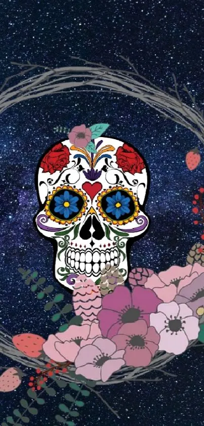 Galaxy skull artwork with floral elements.