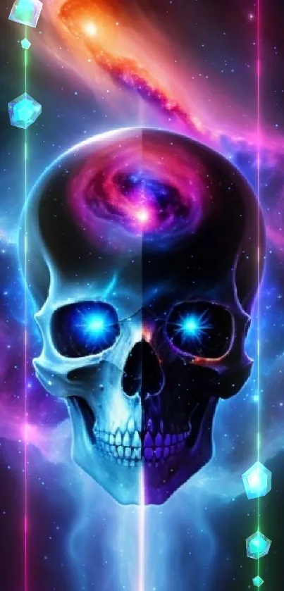 Colorful galaxy skull art with cosmic background in blue and purple hues.