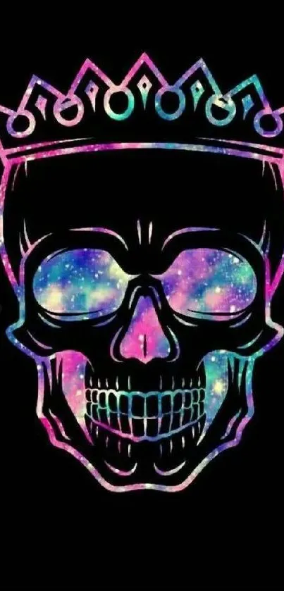 Colorful galaxy skull with crown on black background.