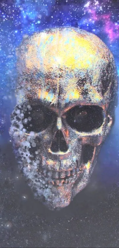 Colorful galaxy skull wallpaper with cosmic vibes.