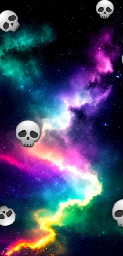 Vibrant neon galaxy with skull motifs on black background.