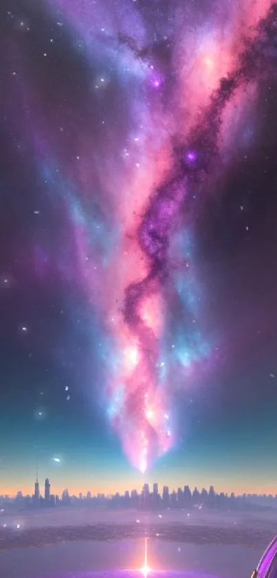 Galaxy meets city skyline in vibrant colors.