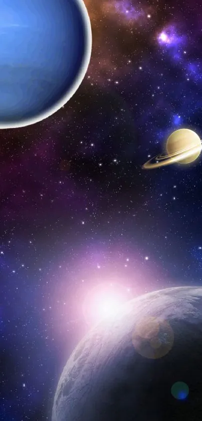 Mobile wallpaper of space with planets and stars in a galaxy setting.