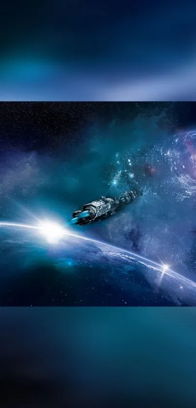 Spaceship traveling through a vibrant galaxy scene with bright stars.