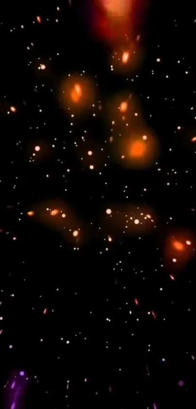 Galaxy sparkle wallpaper with orange lights on a starry black background.