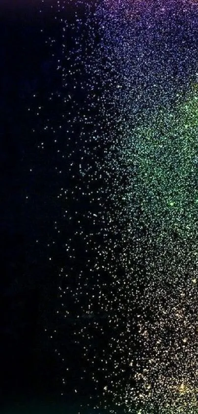 Galaxy sparkles mobile wallpaper with colorful particles on a black background.