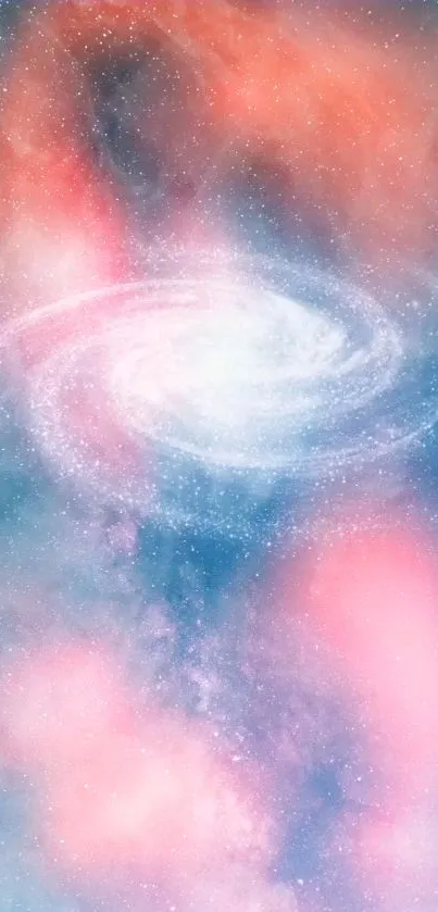 Fantasy galaxy spiral wallpaper with pink and blue hues.