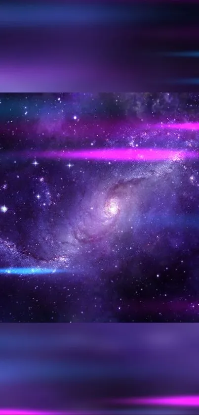 Spiral galaxy with bright purple and blue neon lights, creating a cosmic scene.