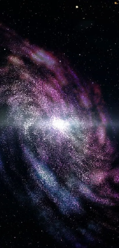 Galaxy spiral with purple hues on a space-themed mobile wallpaper.