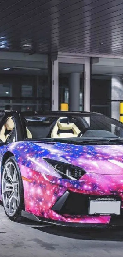 Vibrant galaxy-wrapped sports car in a modern urban setting.
